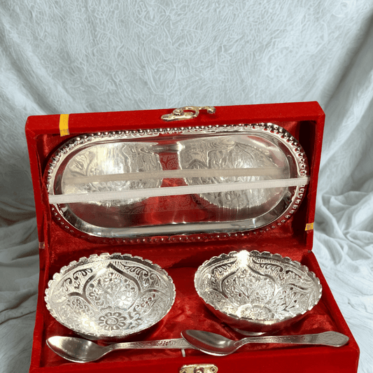 German Silver Plated flower Design Two Bowl Set with Tray & Spoons | Premium 5 Pcs Gift Set