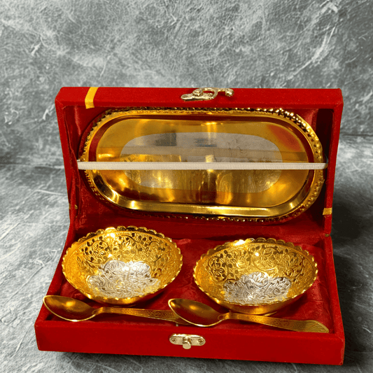 German Silver and Gold Plated flower Design Two Bowl Set with Tray & Spoons | Premium 5 Pcs Gift Set