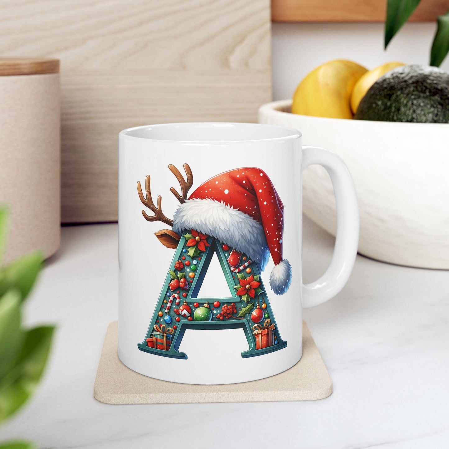 Christmas Festive Holiday Santa Hat Ceramic Coffee Mug (11oz) — Alphabet A