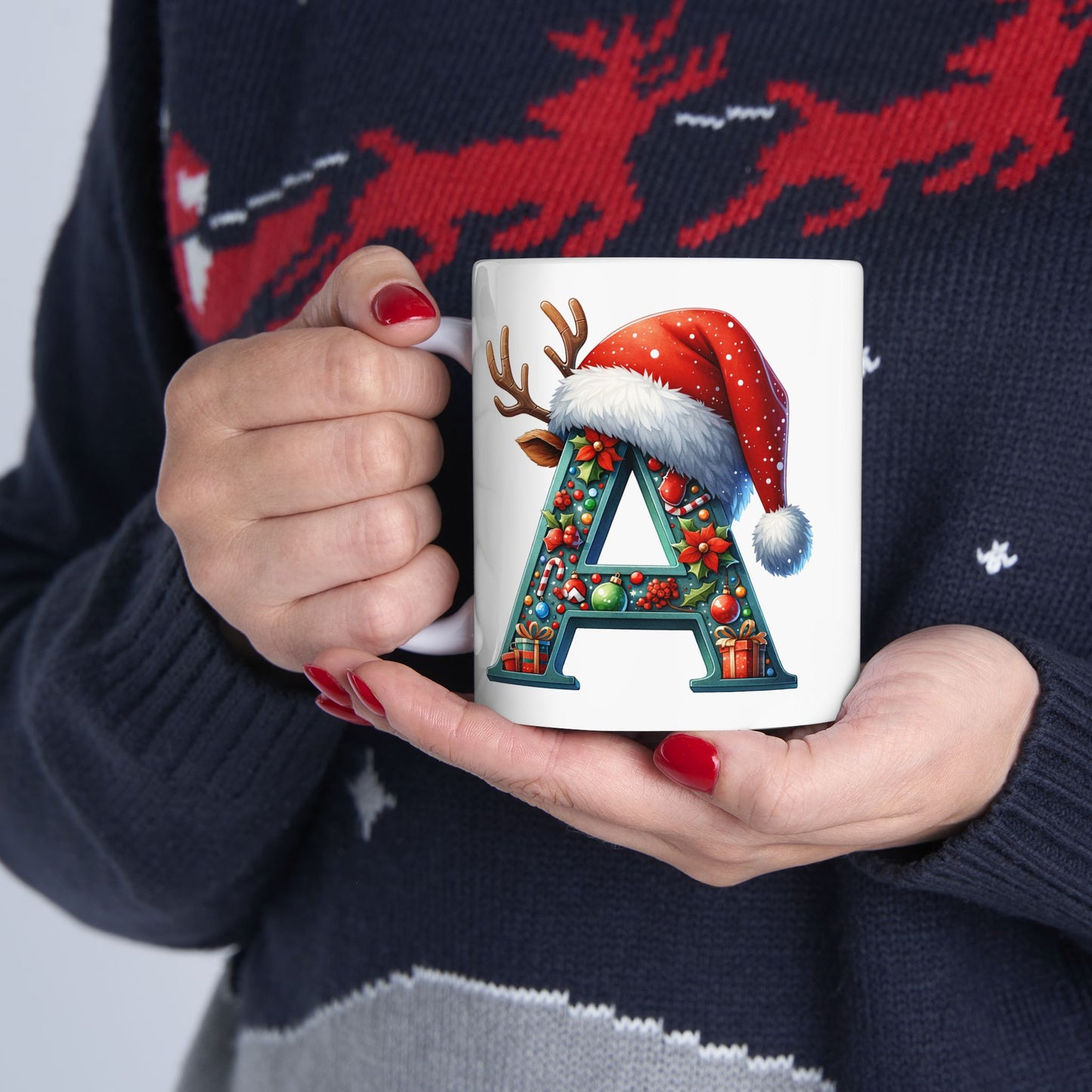 Christmas Festive Holiday Santa Hat Ceramic Coffee Mug (11oz) — Alphabet A