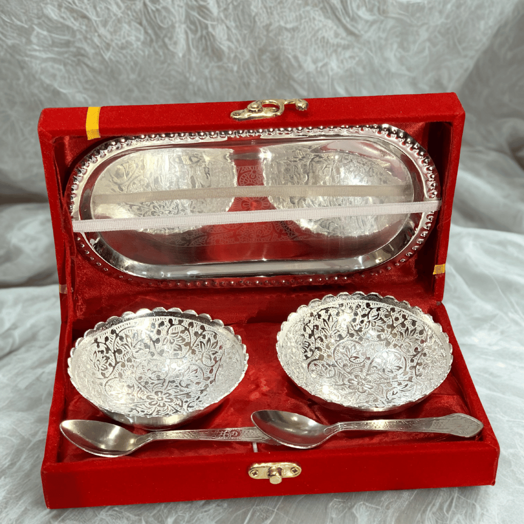 German Silver Plated flower Design Two Bowl Set with Tray & Spoons | Premium 5 Pcs Gift Set | GS112