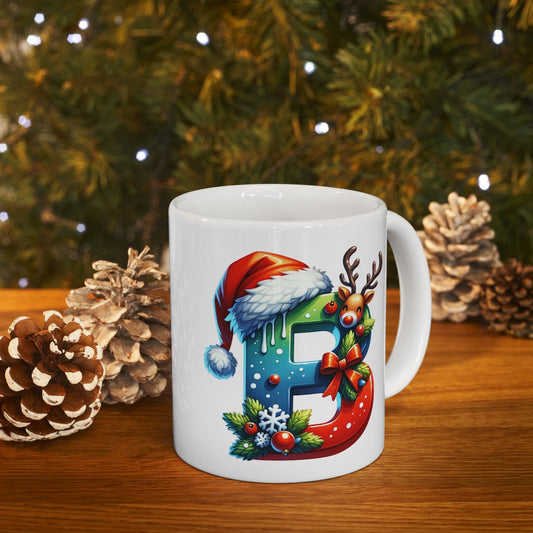 Christmas Festive Holiday Santa Hat Ceramic Coffee Mug (11oz) — Alphabet B