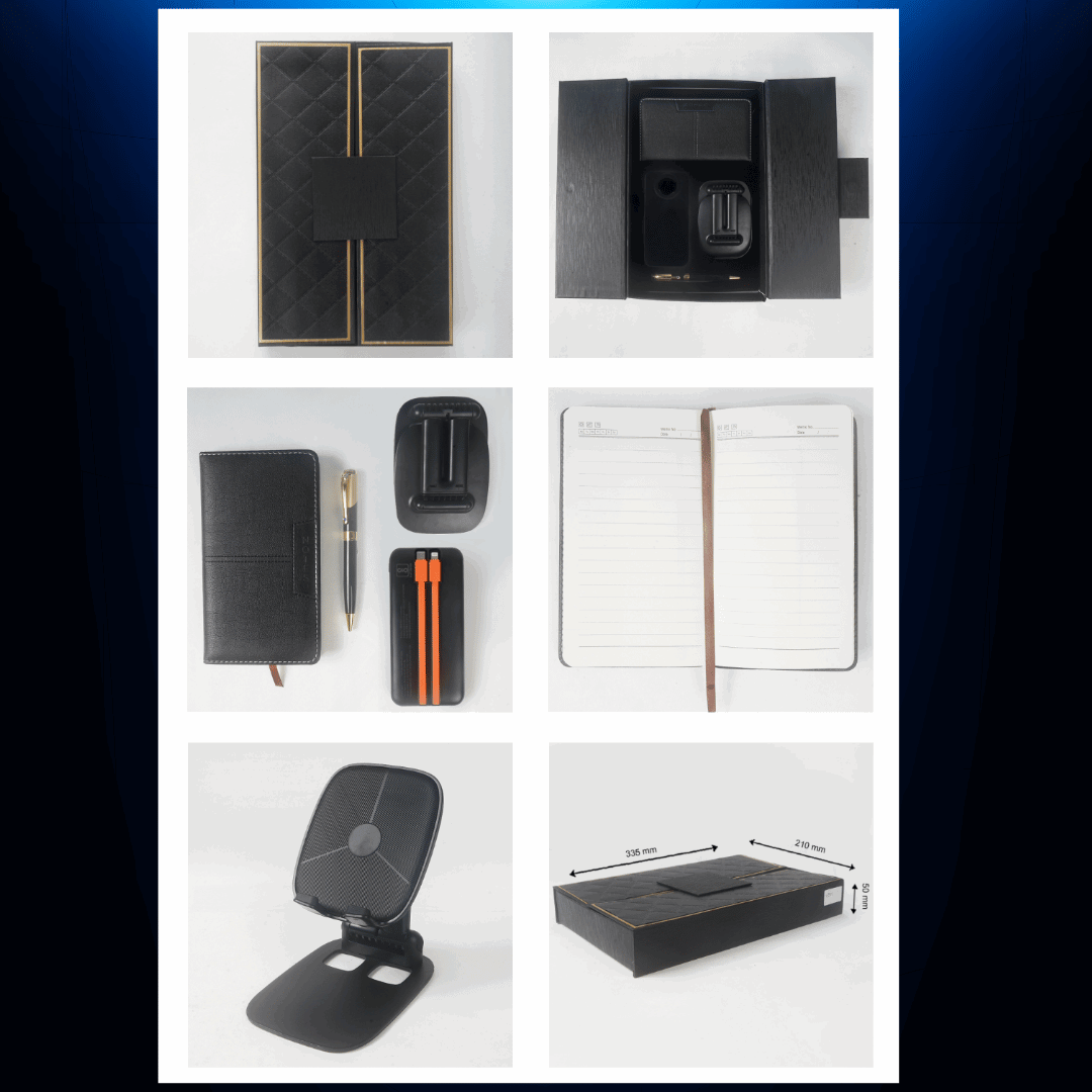 Collage of black office supplies including a notebook, pen holder, power bank and phone stand on a white background.