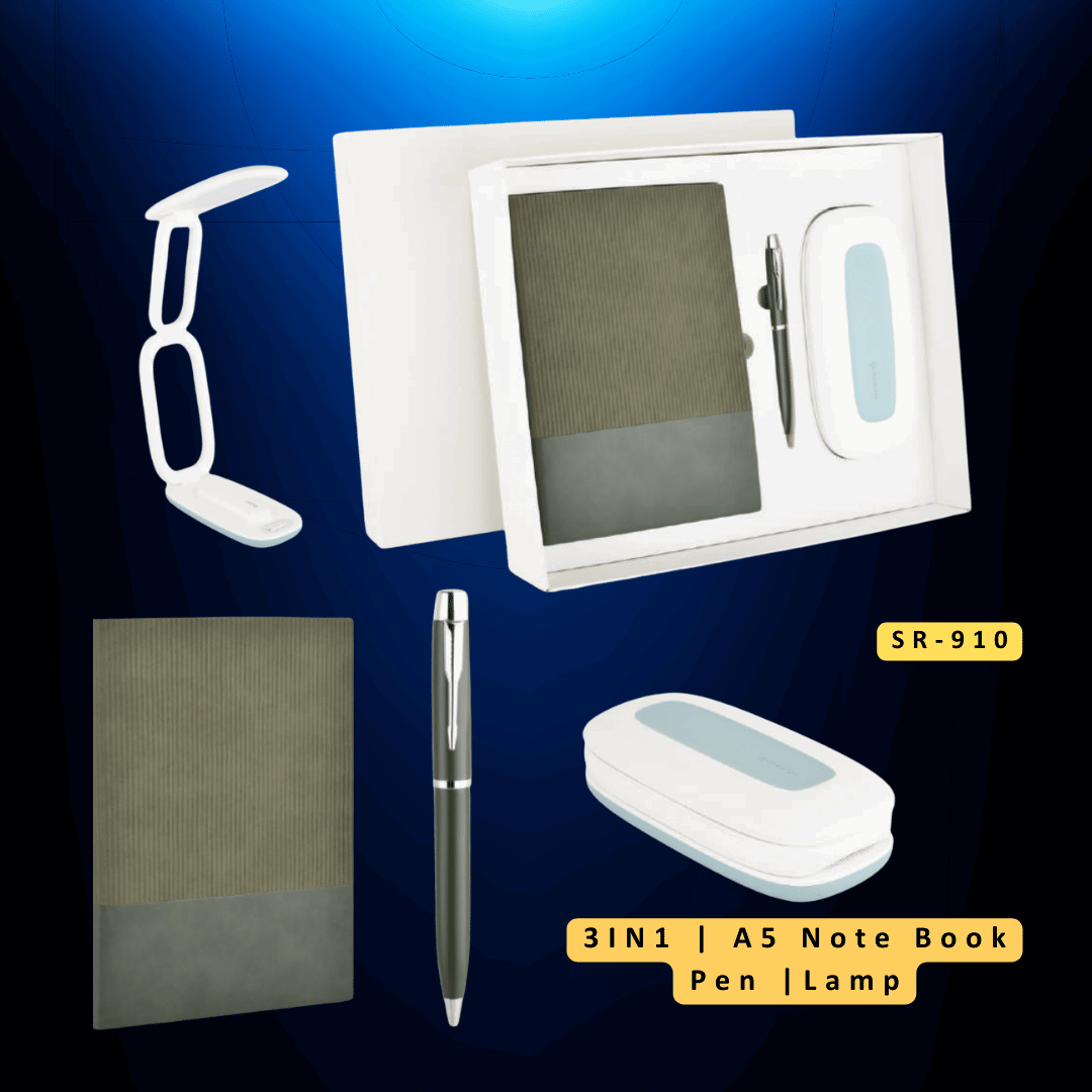 Set of stationery items including a notebook, pen, and lamp on a dark blue background.