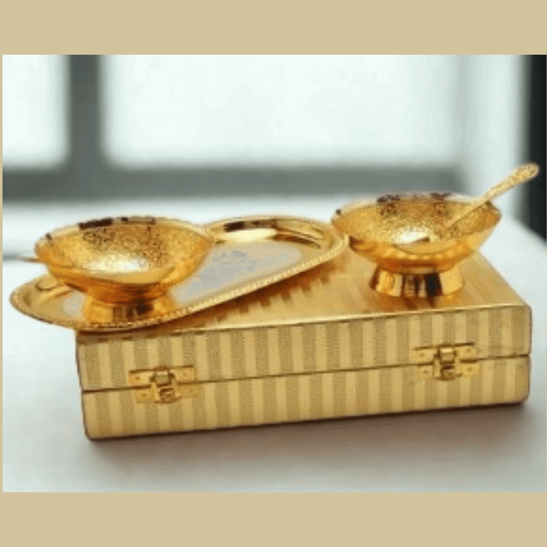 Silver & Gold Plated Bowl Set with Tray & Spoons | Luxury 5 Pcs Gift Set | GS110