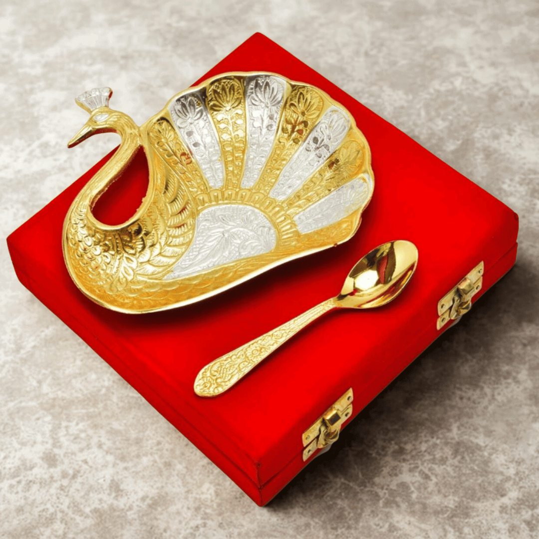 Premium Gold & Silver Plated Peacock Platter with Spoon| Mouth Freshner Serving | Decorative Gift Set | GS120