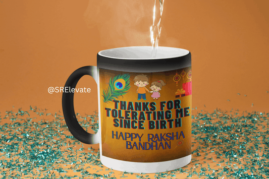 Glitter Rakhi Magic Mug – Black Magic Coffee Mug with Photo | Personalized Raksha Bandhan Gift | Custom Coffee Mugs for Brother & Sister