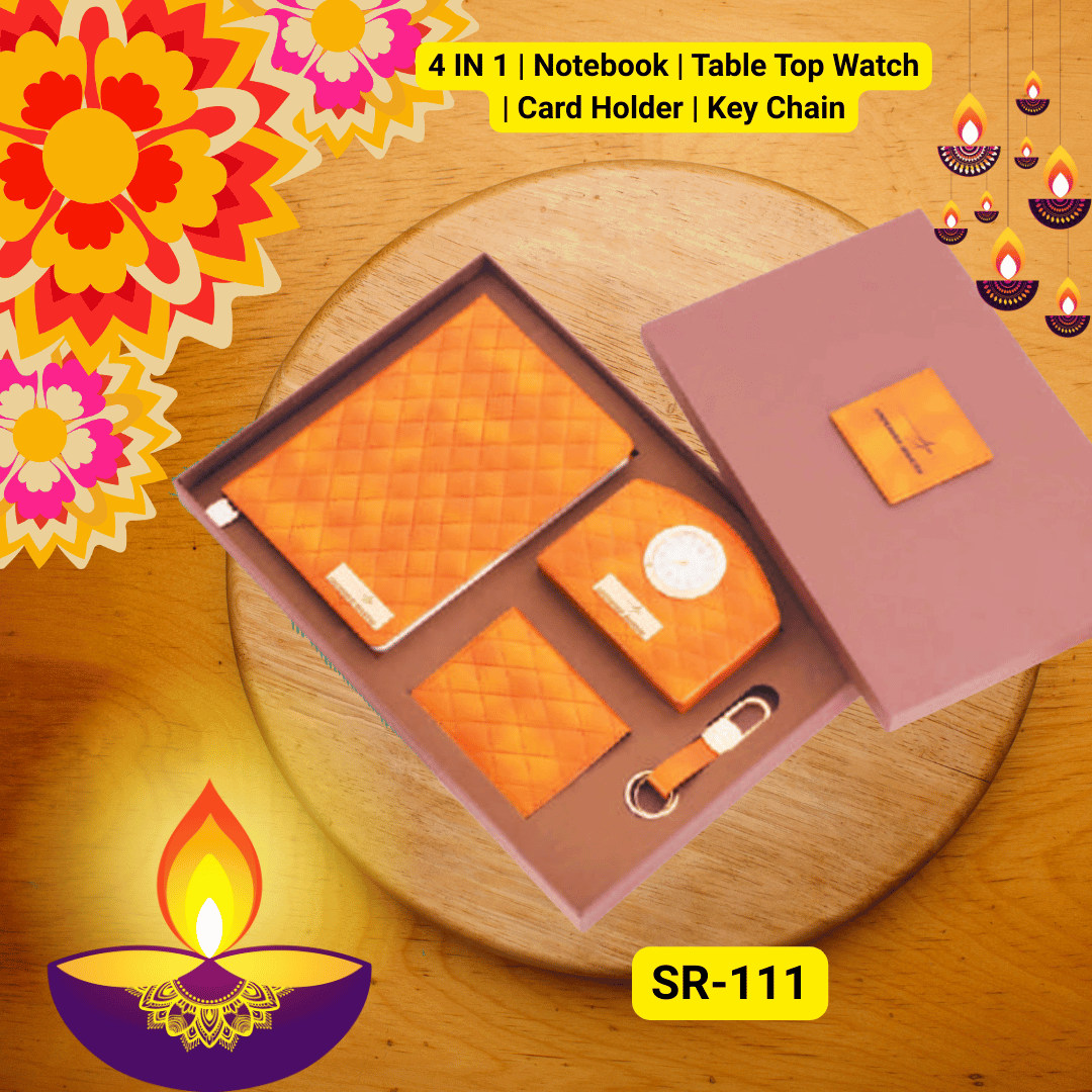 4 IN 1 | Premium Custom Corporate Diwali Gift Set – Notebook, Table Top Watch, Card Holder & Key Chain,corporate gifting companies in delhi
