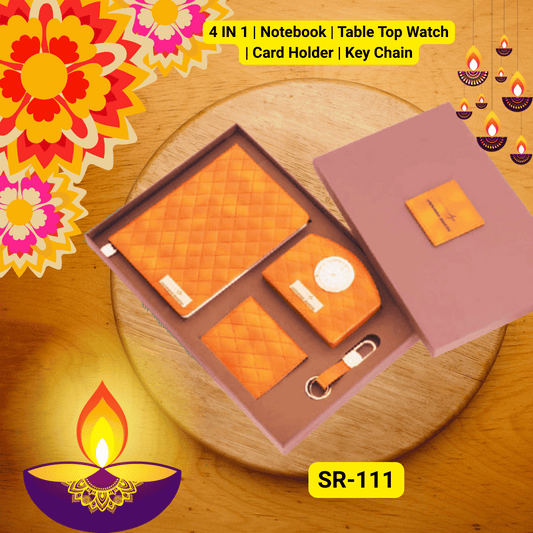 4 IN 1 | Premium Custom Corporate Diwali Gift Set – Notebook, Table Top Watch, Card Holder & Key Chain,corporate gifting companies in delhi