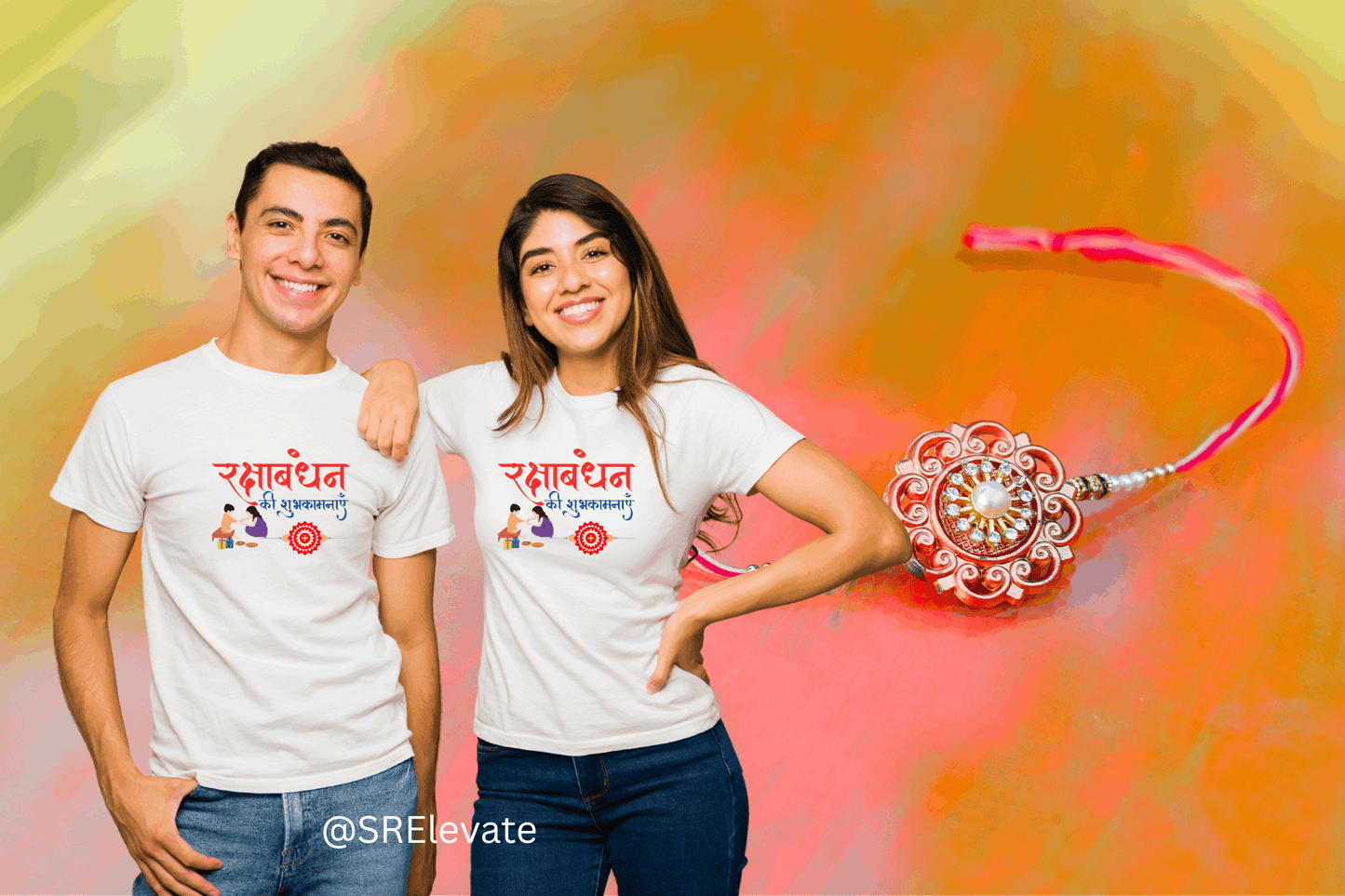 Two people wearing white t-shirts with text and a rakhi on a colorful background